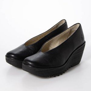 Fly London Black Leather Slip On Wedge Pump Platform, Sz 40